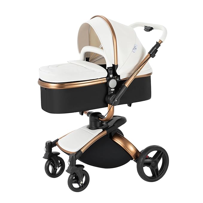 PU Leather 2 in 1 Baby Stroller with 360° Rotatable Seat, Convertible Pram, Reversible Standard Stroller, Portable Infant Carriage, Foldable High Landscape Pushchair Toddler Newborn (HR001-White)