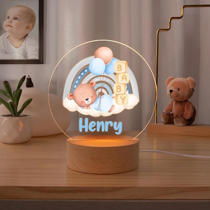 callie Acrylic Night Light Name Plate Personalized, Custom Cute Sleep Bear with Wooden Base Bedroom Decor, Birthday Gifts Christmas Gifts for Family (Cute Bear)