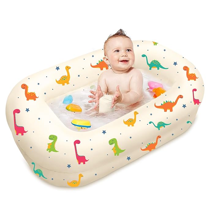 Inflatable Baby Bathtub with Built-in Air Pump, Back Support, Portable Travel Baby Bath Tub, Deflates and Folds Easily, Newborn to Toddler 3-20 Months (Dinosaurs)