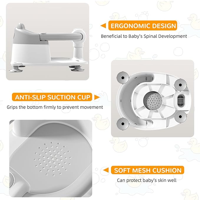 Baby Bath Seat for Babies 6 Months & up, Non-Slip Toddler Bath Seats for Babies Sitting Up, Safe Infant & Newborn Bathtub Chair with 4 Suction Cups & Soft Cushion for Shower,Gray