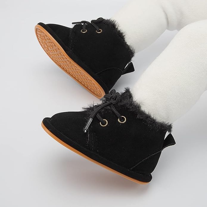 Baby Unisex Warm Snow Boots Newborn Leather Fur Lace Up Ankle Anti-Slip Rubber Texture Sole Toddler Prewalker Winter Crib Shoes