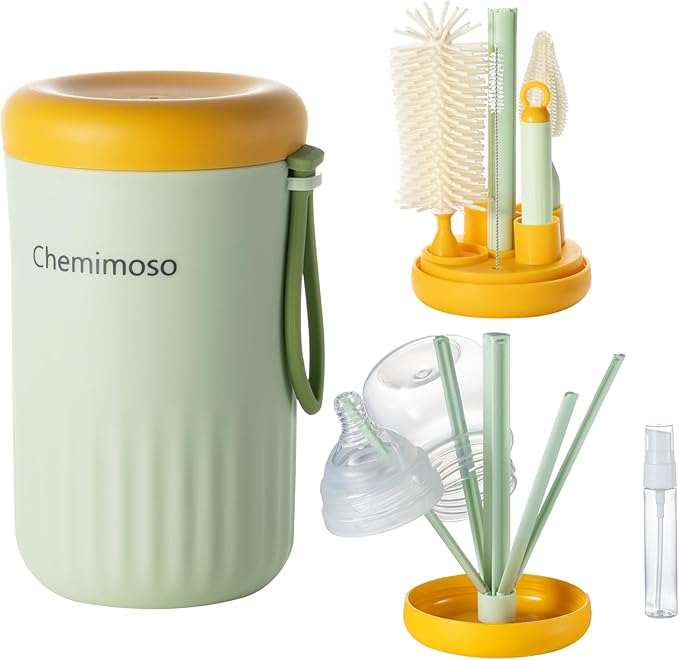 Chemimoso Travel Silicone Baby Bottle Cleaner Brush Set, Foldable Baby Bottle Drying Rack, Essential Cleaning Set for Outdoor Travel, Orange and Green