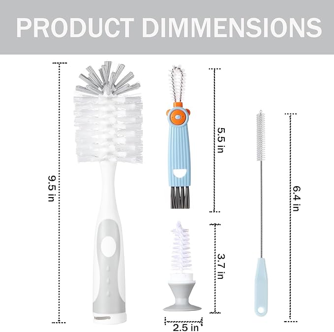 5 in 1 Cleaning Brush Set, Anivona Bottle Brush Cleaner, Multifunctional Cleaning Brush, Water Bottle Brushes for Cleaning Home, Cleaning Baby Bottles, Home Kitchen Cleaning Tools, BPA-Free (Grey)