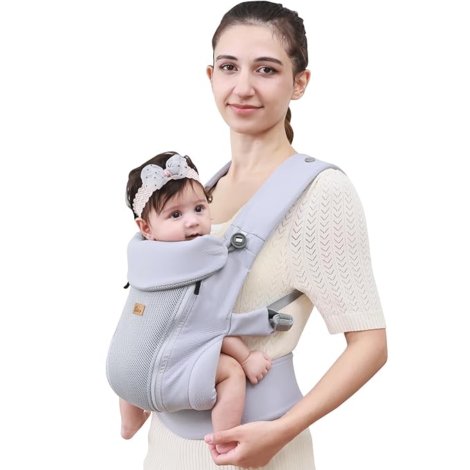 CUBY Newborn Baby Carrier with Head Support and Sunshield, Breathable & Adjustable Newborn Toddler Front Baby Carriers, Hands-Free Newborn Carrier up to 40lbs(Light Gray, Upgraded-with Waist Belt)
