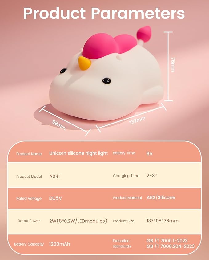 Unicorn Night Light for Kids, Soft Silicone Tap Control Lamp with 30-Min Auto-Off Timer, Rechargeable Portable LED Bedroom Bedside Light for Baby Nursery Toddler