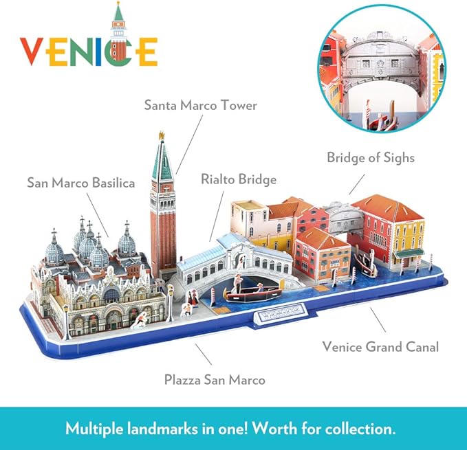 CubicFun 3D Puzzle for Adults Kids Bavaria Cityline Venice Italy Building Model Kits Toys Gift for Men and Women, San Marco Basilica, Rialto Bridge, Venice Grand Canal and Bridge of Sighs 126 Pieces