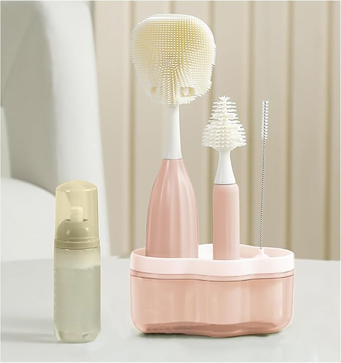 Baby Bottle Brush Kit with Push-Press Bubble and Drying Rack for Bottle Cleaning, Bendable Bottle Cleaner Brush for Baby Bottles, Breast Pumps, Nipples, Straws and More. Perfect for Home&Travel (Pink)