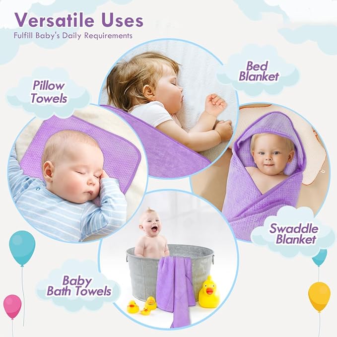 Orighty Baby Hooded Towel with Five Washcloths, 28 x 28 Inch Super Soft Bath Towel with Hood for Babies, Infant, Newborn Essential - Ideal Baby Stuff Registry for Boys and Girls (Purple)