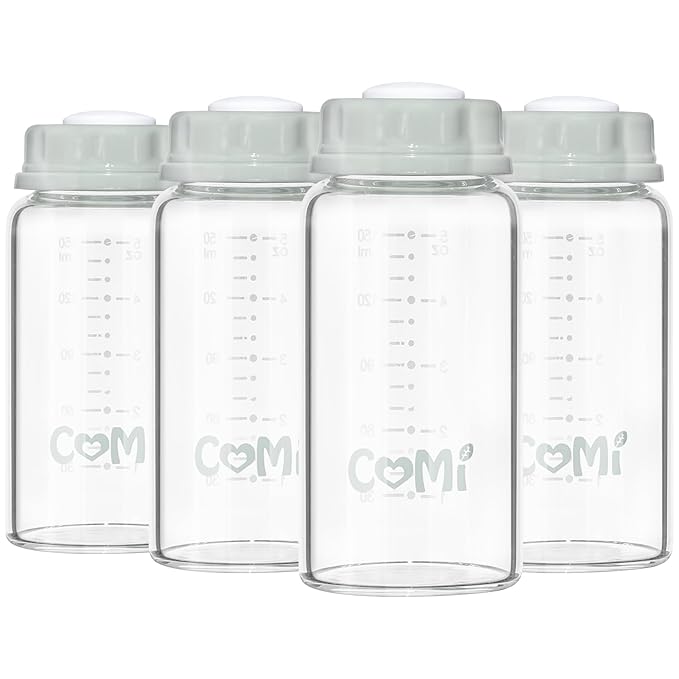 COMI Natural Glass Baby Bottle,Standard Neck Breastmilk Storage Bottle for Fridge,Breast Milk Container,Breast Pump Bottle Compatible with Medela Breast Pump,BPA Free,4PCS (5oz,4 Gray Lids)