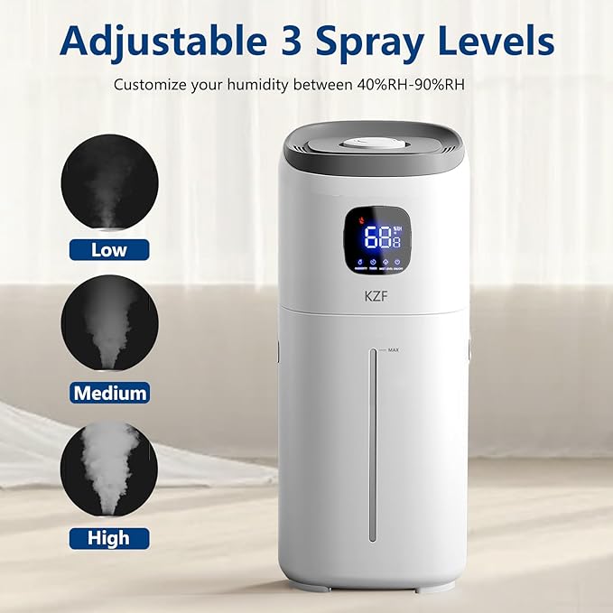 KZF 15L Humidifiers for Bedroom Large Room - 2000 Sq.ft Coverage, 72Hrs Runtime, Top Fill, 26dB Quiet, 3 Mist Levels & Diffuser, Auto Shut-Off, Ready for Baby Nursery and Plants