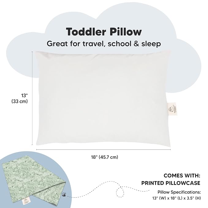 Toddler Pillow with Pillowcase - 13x18 My Little Dreamy Kids Travel Bed Pillows for Sleeping, Organic Cotton Small Pillowcase, Soft & Breathable, Machine Washable, Toddlers 2-5 Years Old (DinoDood)