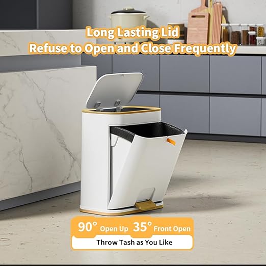 Bathroom Trash Can with Lid, Plastic 3 Gallon Garbage can with Press top Lid Gold Step Pedal Trash can, Narrow White Trash bin for Bathroom, Bedroom, Restroom, Living Room, Office, Dog Proof Trash Can