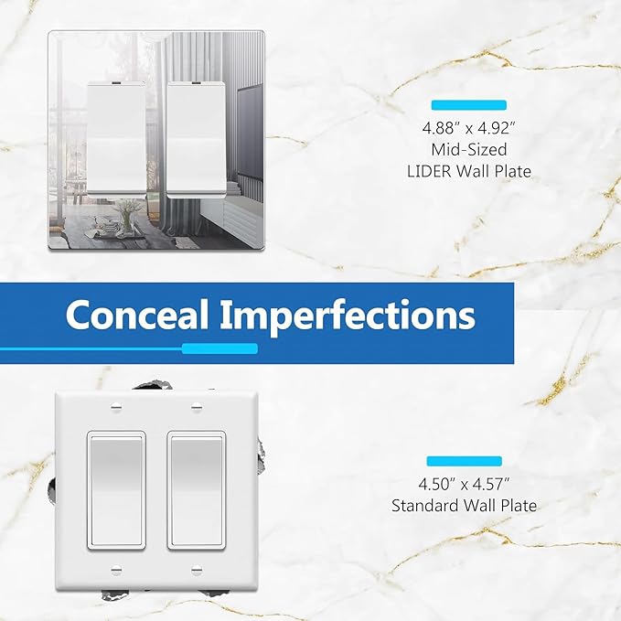 LIDER Double Decorator Wall Plate, Impact Resistant, Mirrored Acrylic, Plexiglass, Reflective Finish, Modern Upgrade, Screwless Light Switch/Outlet Cover Mid-Size 2-Gang 4.88" x 4.92 Silver