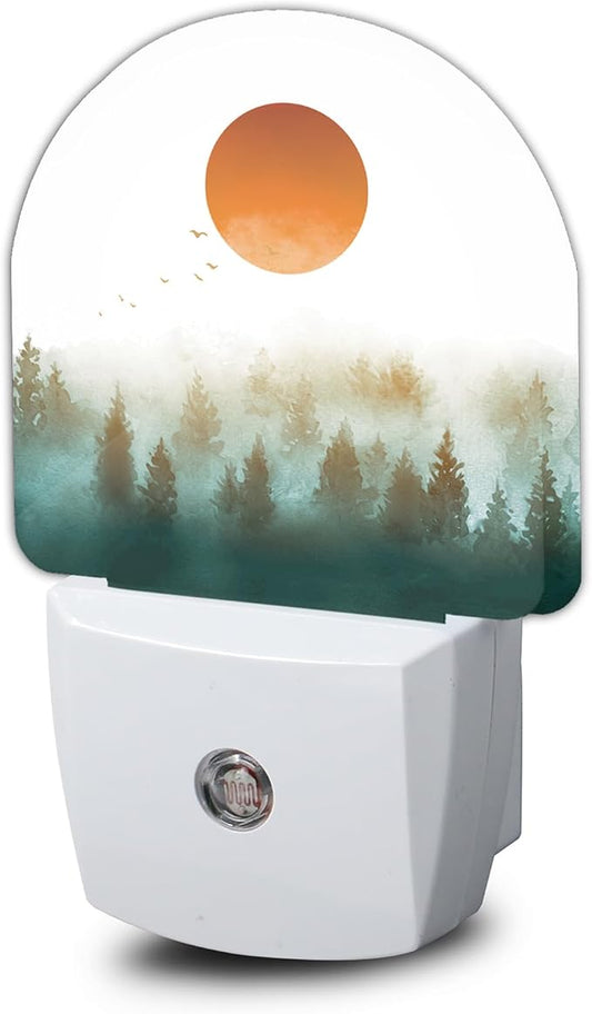 Misty Forest Sun Night Light,Landscape Night Lights Plug into Wall with Dusk to Dawn Sensor,Lamp for Bedroom Bathroom Hallway Nightlight for Women Girls