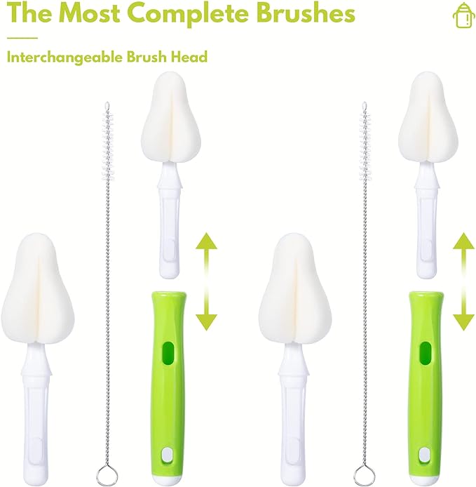 8 Piece Sponge Nipple Bottle Brushes, Baby Bottle Brush with 3 Piece Nipple Cleaner, 3 Piece Replacement Heads and 2 Piece Straw Brushes, Green