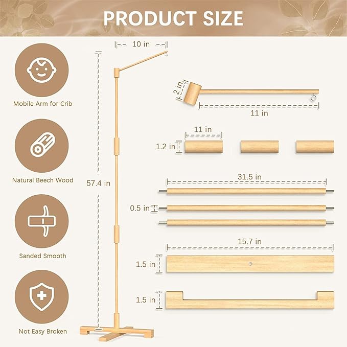 FEISIKE Baby Crib Mobile Arm, 57.4 Inch Mobile Arm for Crib Wooden Nursery Decor Hanger,Holder for DIY Mobile Baby Girl Boy,Hanging Attachment Set Upgrade Floor Stand