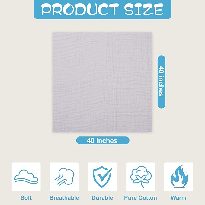 Baby Towels Muslin Baby Bath Towel 3Pack Infant Towels for Newborn Boy Girl 6 Layers Ultra Soft Cotton Toddler Towel for Baby's Delicate Skin 40x 40 Inch (Grey)