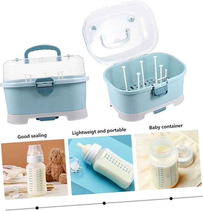 NUOBESTY Baby Bottle Drying Rack with Cover Portable Nursing Bottle Storage Box Baby Bottle Holder Dinnerware Organizer for Home Kitchen Blue