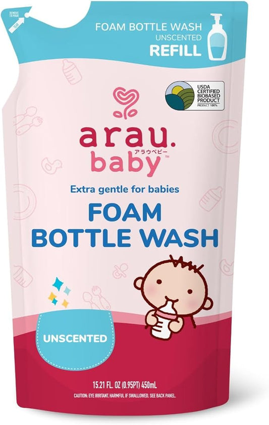 Arau Baby Unscented Foam Bottle Wash Refill, Natural Plant Based Baby Bottle & Dish Soap, No Artificial Fragrance or Additives, Gentle for Washing Bottles, Pacifiers and Toys, Easy Rinse, 15.21 Fl Oz