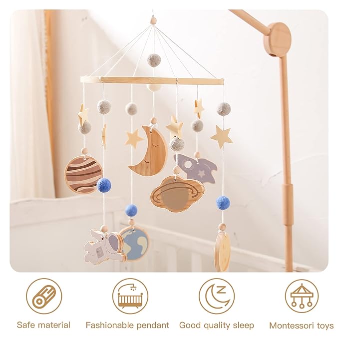 Space Nursery Mobile - Wooden Baby Mobile - Solar System Crib Mobile Astronaut Space Theme Nursery Bed Decoration, Gift for Newborn (Blue)