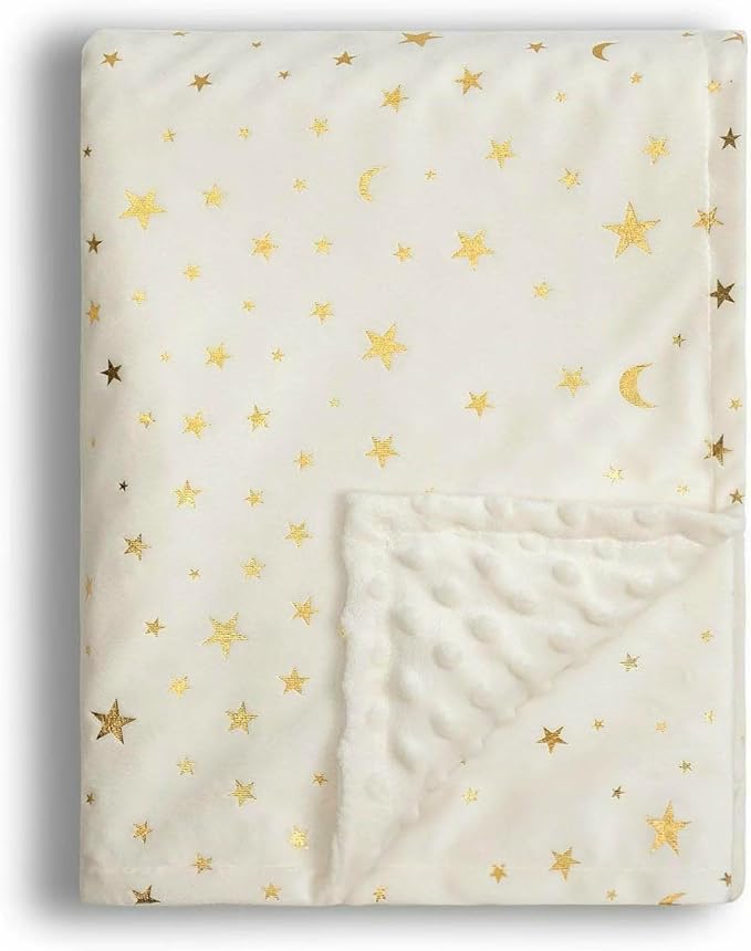 Baby Blanket for Boys Girls Soft Minky with Double Layer Dotted Backing, Star and Moon Printed 30 x 40 Inch Receiving Blanket (Beige)
