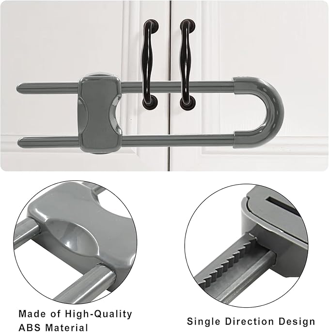 Sliding Cabinet Locks for Babies, Baby Proofing Adjustable U-Shaped Baby Safety Latches for Handles Knobs Drawers, Fridge, Closet, Cupboard, Closet with Secure Lock Buttons,2Pack (Gray)