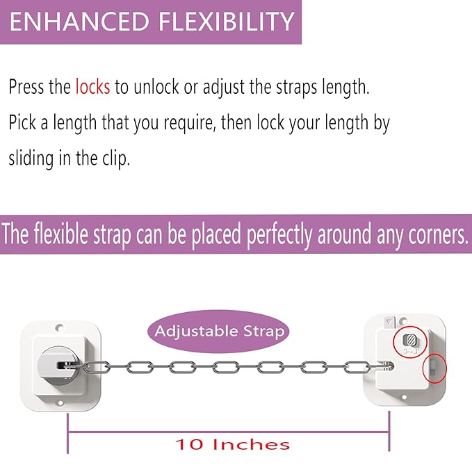 Child Proof Door Lock with Adjustable Strap, 3M Adhesive Safety Locks for Baby & Pets, No Tools Needed 2 Pack