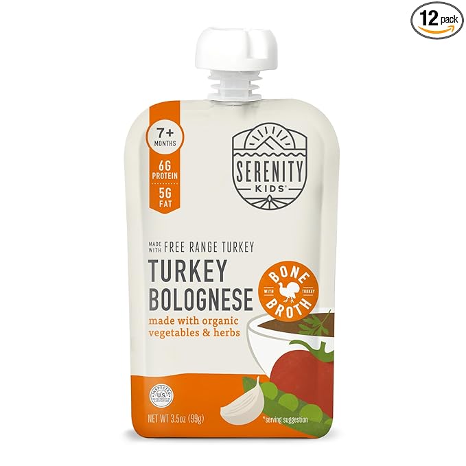 Serenity Kids 7+ Month Turkey Bolognese Bone Broth Baby Food Puree - Toddler Pouches with Organic Veggies & Free-Range Turkey - High-Protein Savory Blend, No Added Sugar & BPA-Free - 3.5 Oz, 12 Pack