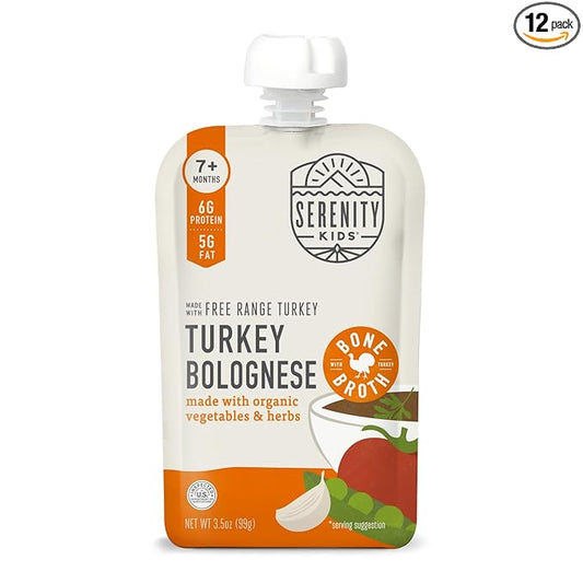 Serenity Kids 7+ Month Turkey Bolognese Bone Broth Baby Food Puree - Toddler Pouches with Organic Veggies & Free-Range Turkey - High-Protein Savory Blend, No Added Sugar & BPA-Free - 3.5 Oz, 12 Pack