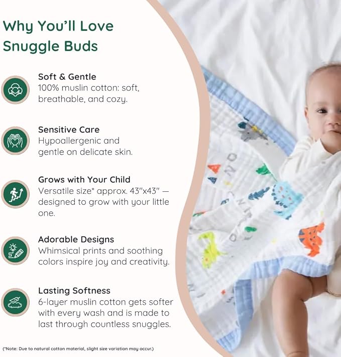 100% Cotton Muslin Baby Blanket | Soft & Breathable 6-Layer Swaddle & Receiving Blanket | Lightweight Quilt for Newborns, Infants & Toddlers | Gender-Neutral (Dinosaur Dreams)