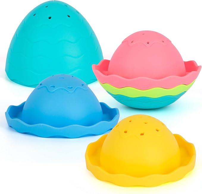 ArtCreativity Stacking Bath Toy for Toddlers – 7-Piece Nesting Mold Free Bath Toy with Drainage Holes – Fun Baby Bathtub Toy – Pastel Color Sensory Toy (Pack of 2)