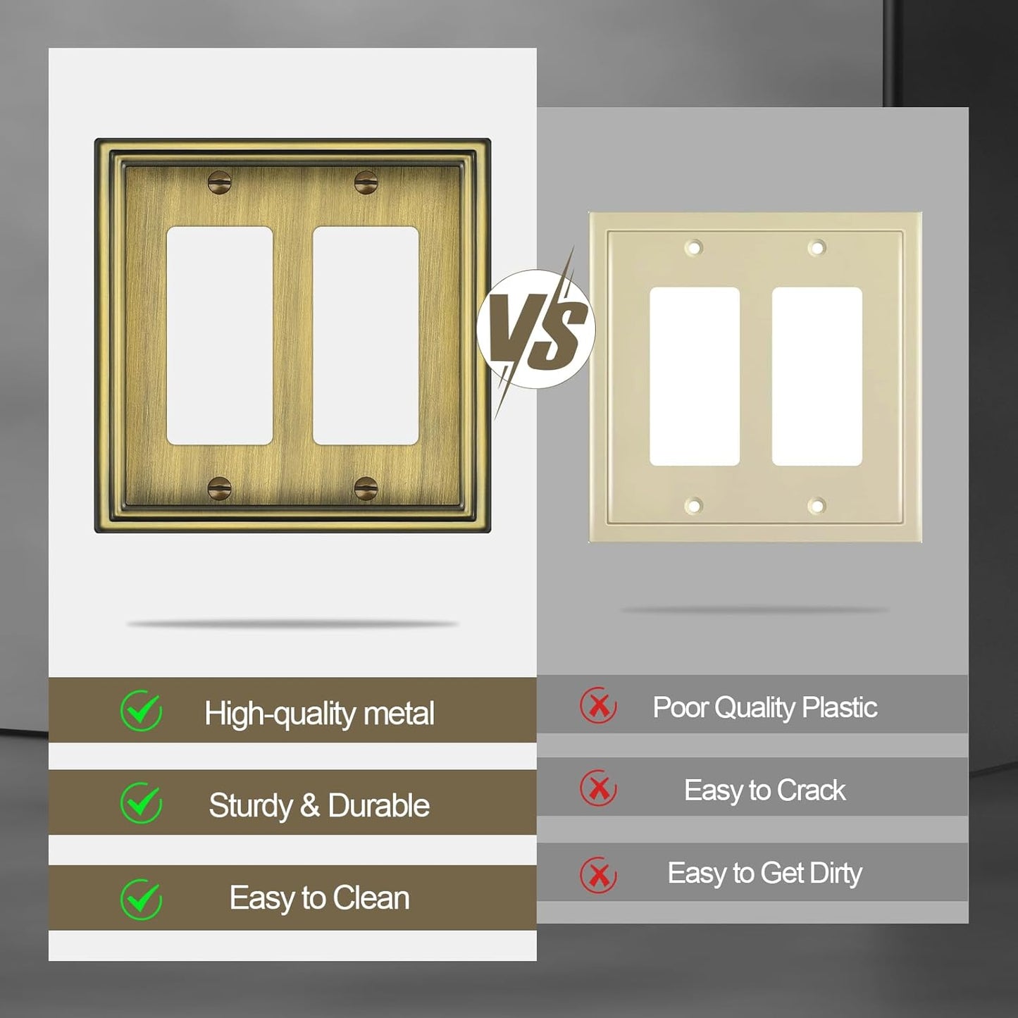 Double Decorator Switch Covers Wall Plate, Antique Brass Decorative Rocker Switch Plates Outlet Covers for Receptacle, GFCI Outlet, Dimmer - Classic Style, 3 Pack