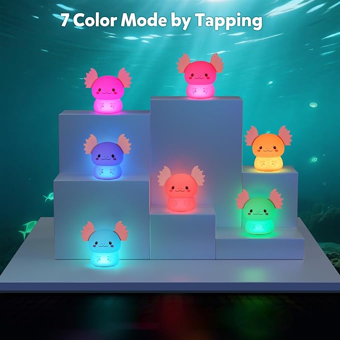 Axolotl Night Light for Kids, Rechargeable Bedroom Bedside Lamp, Night Lamp for Kids Room, Dimmable Nursery Night Light,Girls Boys Room Decor 3 Level Brightness,Animal NightLight for Baby and Toddler