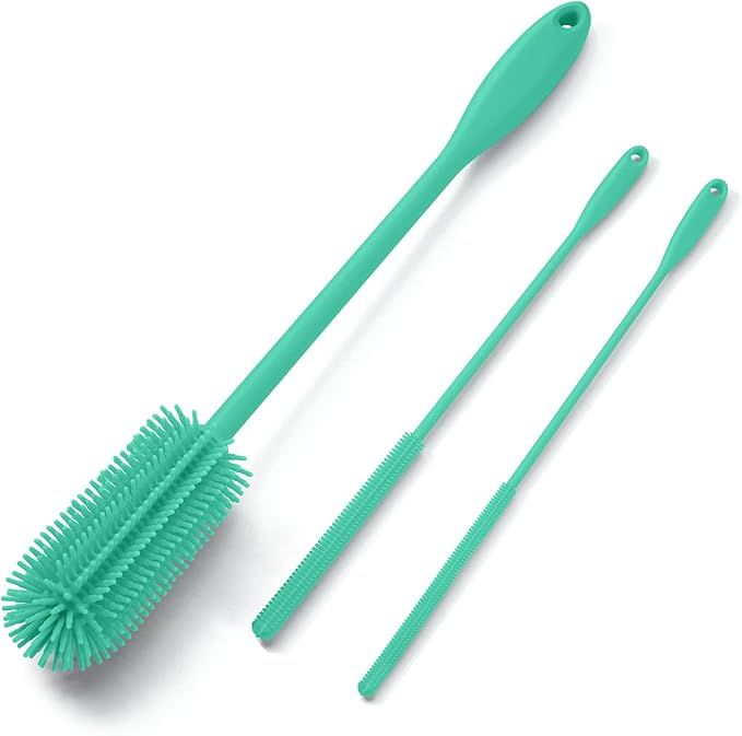 3-in-1 Silicone Bottle Brush and Straw Cleaning Brush Set, Water Bottle Cleaner for Narrow Neck Containers, Tumblers, Flask, Vase and Glassware (Teal)