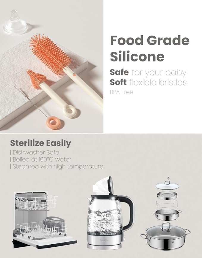 7 in 1 Baby Bottle Brush Set with Silicone Brush, Nipple Brush, Straw Brush, Soap Dispenser, Bottle Drying Rack, Storage Box - Baby Essentials for Home and Travel, Idea Gifts