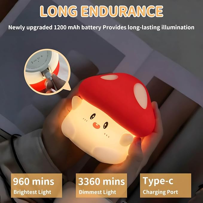 Mushroom Silicone Lamp, Cute Hug Mushroom Night Light with Timer, Squishy Dimmable Light for Baby Nursery, Rechargeable LED Portable Touch Nightlight, Kawaii Room Desk Decor, Christmas Gifts