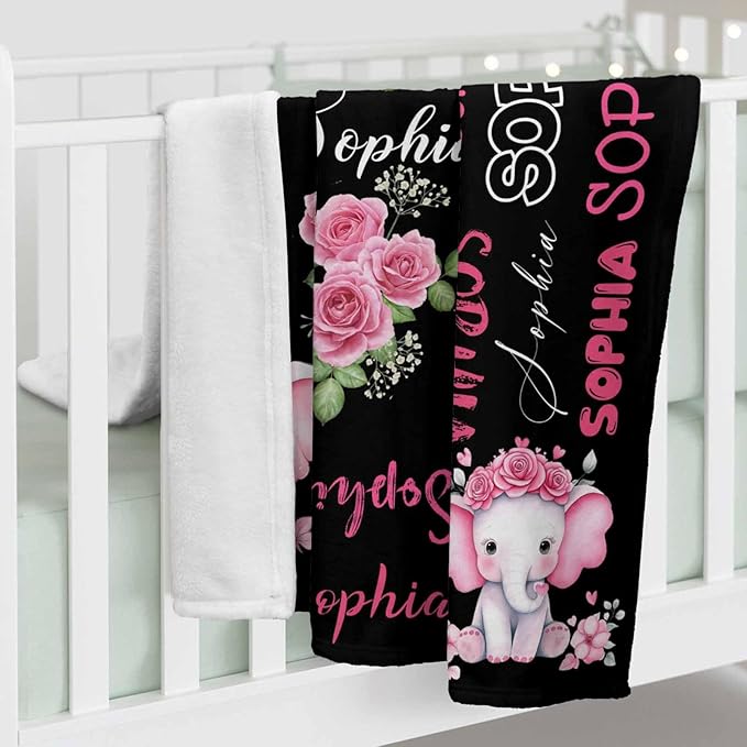 Custom Name Blanket for Baby Girls Boys, Cute Elephant & Flower Pattern Blanket for Newborn New Mom, Ultra-Soft Cozy Fleece Blankets for Baby Shower Kids Toddlers, Gifts for Boys & Girls Kids Teens