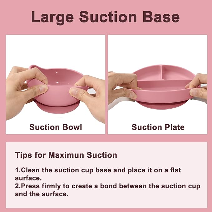 LITTLE RAWR Silicone Baby Feeding Set 14 Pcs,Baby Led Weaning Supplies, Baby Spoons Suction Bowl Divided Plate Bib Cup Finger Brush,First Stage Solid Food Eating Utensils - 6+ Months(Deep Red)