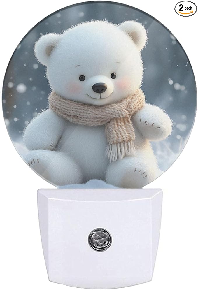 EKOBLA Cute Bear Night Light Bear White Fur Animal Winter Snowflakes Plug in Nightlights Dusk to Dawn Auto Sensor LED Plug-in Nightlights for Men Women Boys Girls