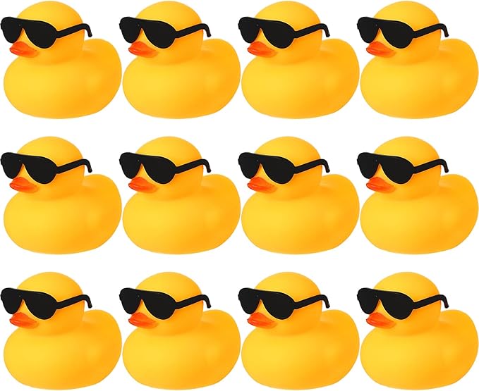 Chivao 12 Pcs Rubber Ducks with 12 Sunglasses/ Hats/ Headwear Small Mini Carnival Cruise Birthday Rubber Duckies Bathtub Toys in Bulk(Duck with Sunglasses,Yellow)