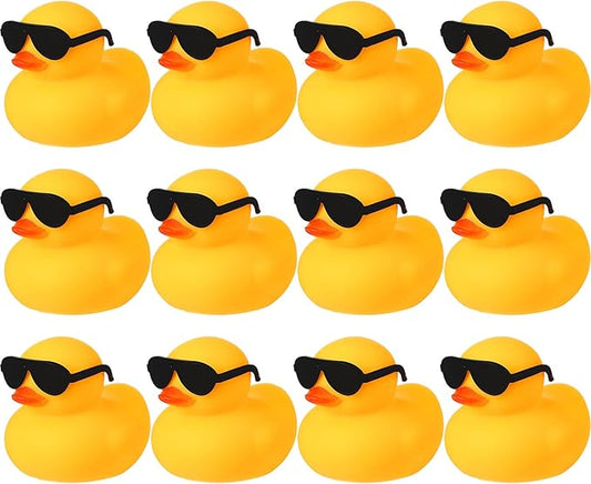 Chivao 12 Pcs Rubber Ducks with 12 Sunglasses/ Hats/ Headwear Small Mini Carnival Cruise Birthday Rubber Duckies Bathtub Toys in Bulk(Duck with Sunglasses,Yellow)