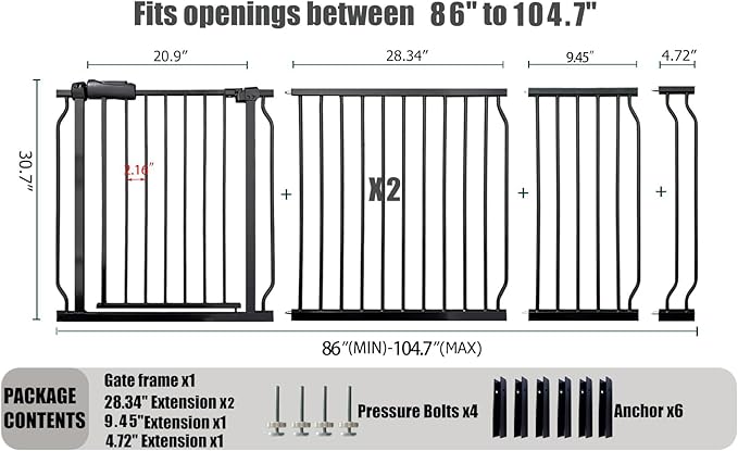 Heavy Duty Baby & Dog Safety Gate 86-104.7 Inch, Black Metal, Pressure Mounted No Drilling Pet Gate for Large Openings