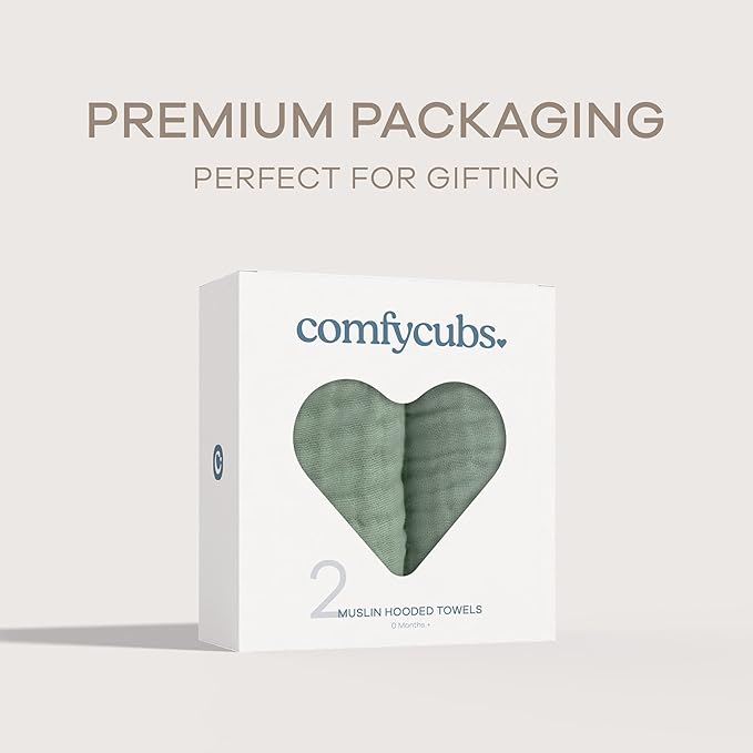 Comfy Cubs Hooded Baby Towel 2-Pack, Large 32 x 32 Inch - 6 Layer 100% Muslin Cotton for Babies, Toddlers and Kids - Soft & Absorbent Baby Bath Towels - Unisex Design for Bath Time - Fern