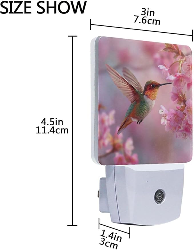 Aslsiy Night Light for Kids Hummingbird Hovering Near Blooming Cherry Flower Plug in Wall Lamp LED Dusk to Dawn Sensor Energy Saving Nightlight for Boys Girls Men Women