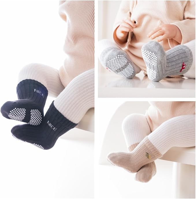 Baby Crew Socks,Grips Combed Cotton Socks Toddler Non-Skid for Girls,Boys Non Slip/Anti Skid 9-Pack