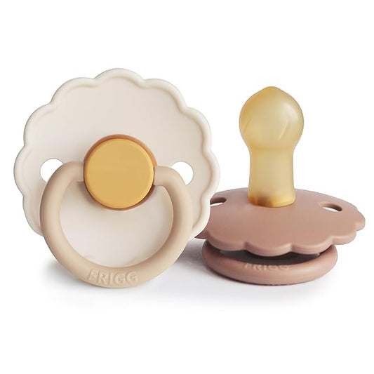 FRIGG Daisy Natural Rubber Baby Pacifier | Made in Denmark | BPA-Free (Chamomile/Peach Bronze, 0-6 Months) 2-Pack