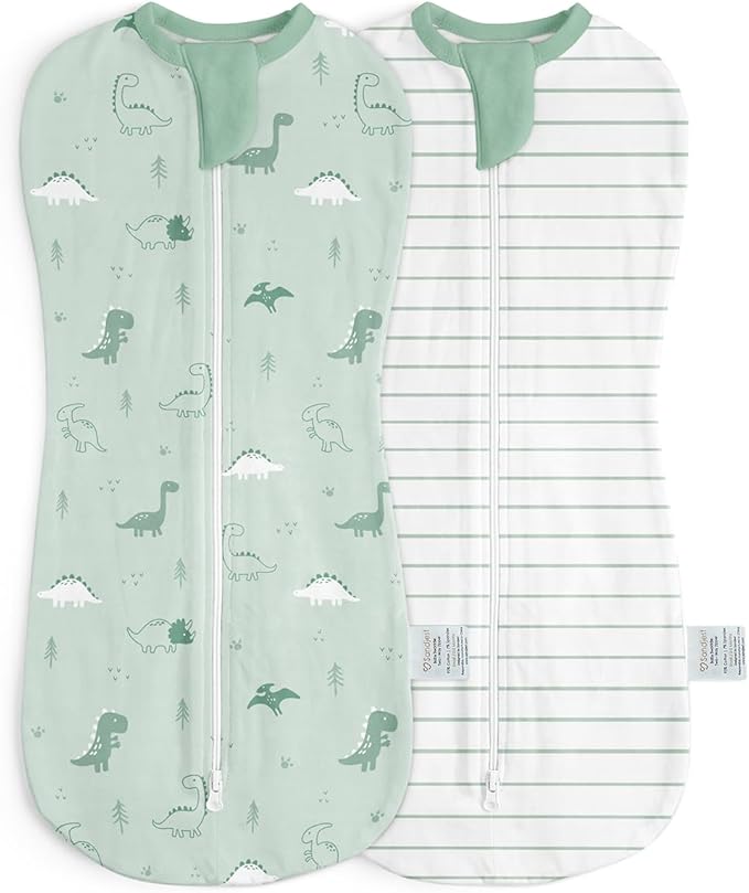 Baby Swaddle 0-2 Months, Cotton Arm-In Zipper Sleep Sack, Wearable Blankets Wrap for Newborn Infant Boys (Dinosaur, Stripe, Pack of 2)