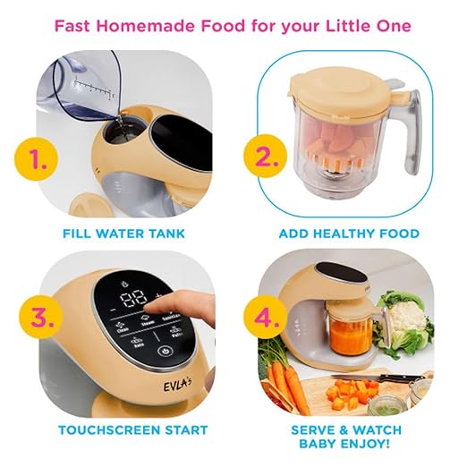 EVLA'S Baby Food Maker, Steamer, Blender, Baby Food Processor for Healthy Homemade Baby Food in Minutes, Touch Screen with 6 Reusable Food Pouches, Baby Registry Essential, Peach