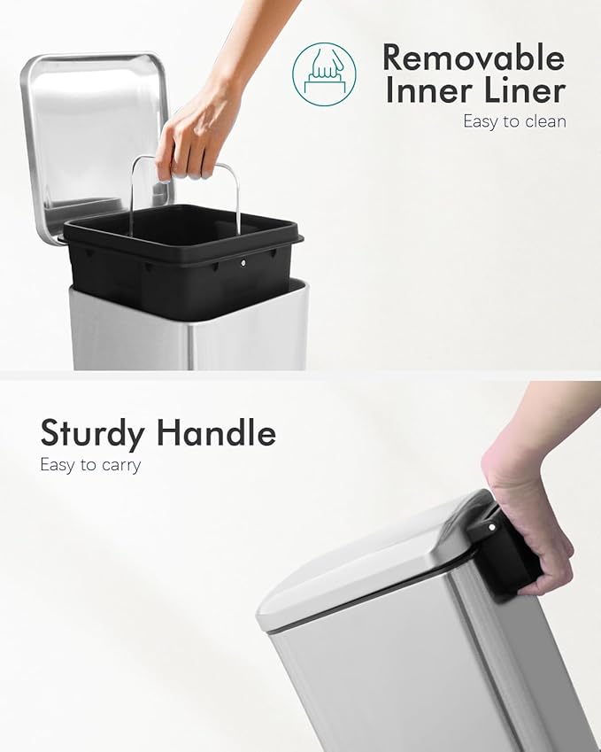 8 Gallon SquareTrash Can with Soft Close Lid, Stainless Steel Trash Can with Removal Inner Bucket, Hand -Free Trash Bin for Kitchen, Office, Laundry, Bathroom, 30 Liter Capacity, Silver