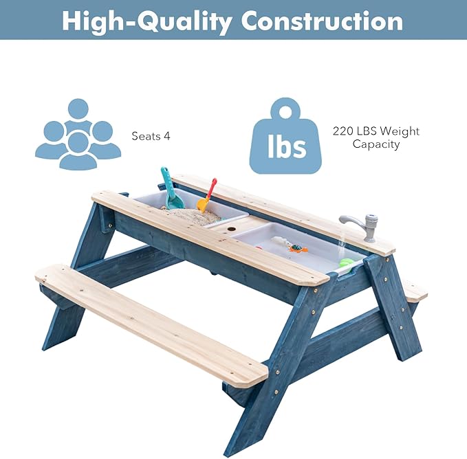 Kids 3-in-1 Sand & Water Activity Table, Wood Outdoor Convertible Picnic Table, 2 Play Boxes, Removable Top with Faucet, Picnic Table for Outdoor Backyard Patio Play (Blue/Navy)